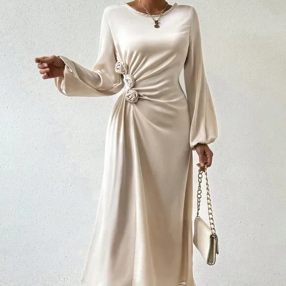 Apricot Preppy WomensWomen's Round Neck 3d Flower Decorated Lantern Sleeve Dress - Picture 1 of 5